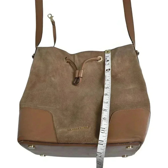 Michael Kors Cary Medium Suede Bucket Bag Purse Brown Shoulder Satchel Crossbody - Picture 14 of 15